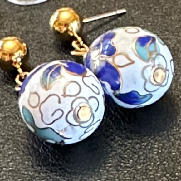 Vintage Cloisonné Enamel Drop Post Back Dangle Earrings - Picture 5 of 10